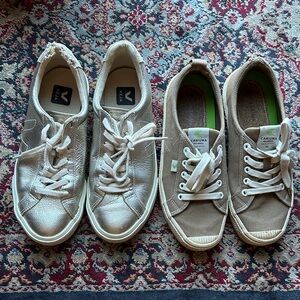 Cariuma khaki sneakers and VEJA metallic gold sneakers.